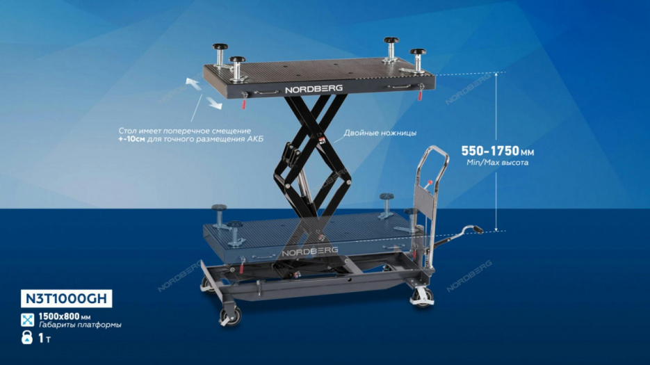 Стол подъемный 1000 кг, гидравлическая тележка, для АКБ NORDBERG N3T1000GH